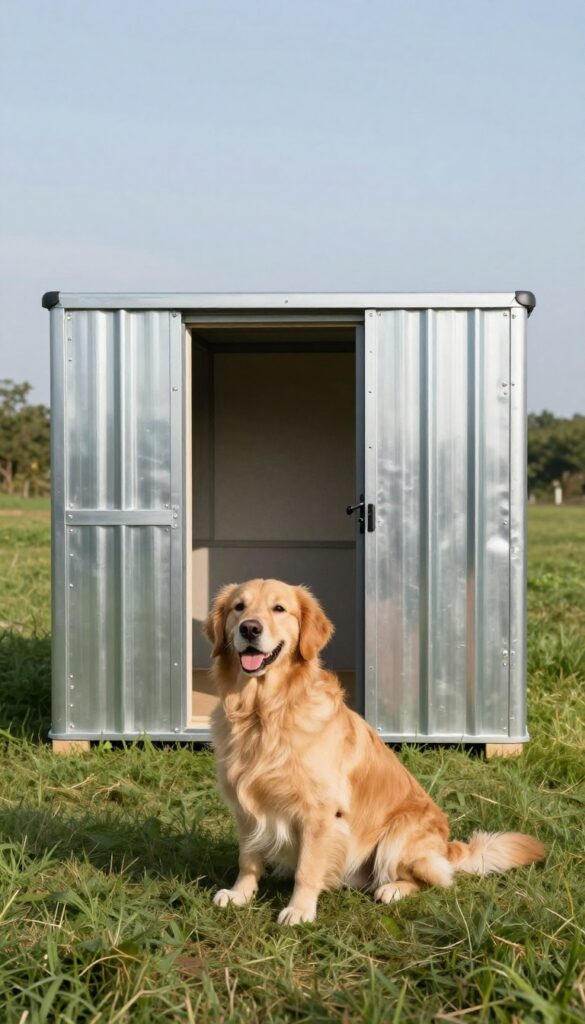 Insulated metal dog house with foam panels in a sunny backyard, golden retriever nearby
