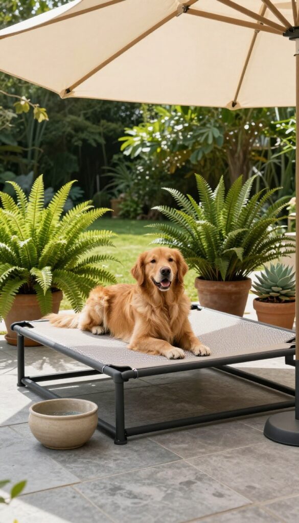 Outdoor shaded lounge for dogs with cooling cot, water bowl, and shade sail on patio