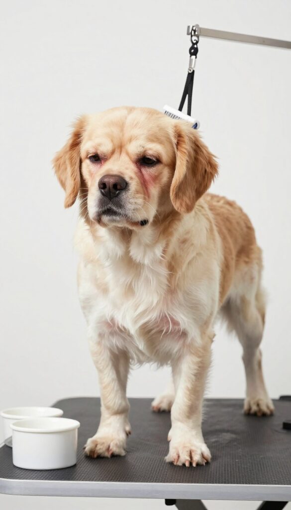 A dog showing discomfort and skin irritation while being brushed, illustrating signs of a wrong grooming tool in a natural, blog-friendly setting.