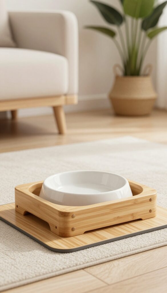 A mid-century modern angled bamboo dog feeder with an empty ceramic bowl on a non-slip mat in a bright, clean room, designed to improve digestion for fast-eating dogs.
