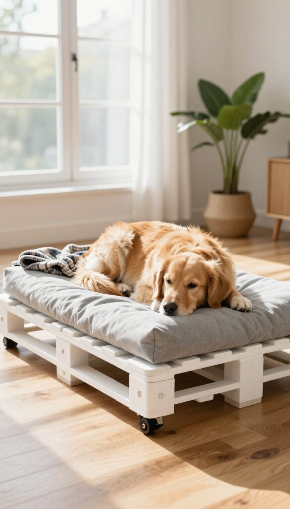 Pallet dog bed with wheels on hardwood floor, golden retriever resting on it, bright natural light.
