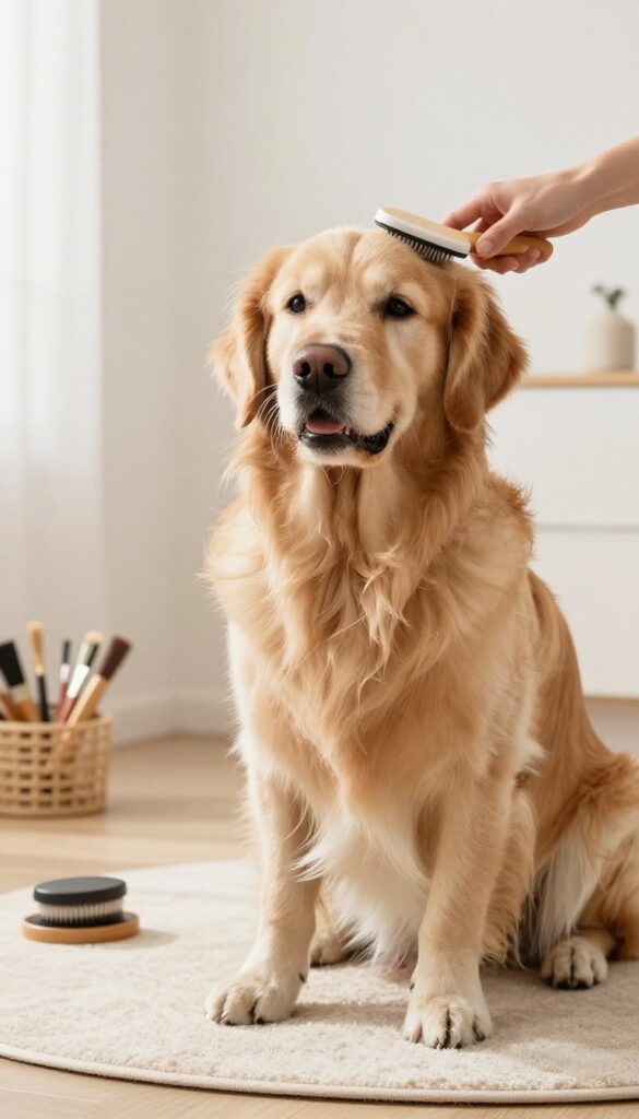 A Golden Retriever being gently brushed with a slicker brush in a bright, clean room, showcasing effective grooming for long coats to reduce shedding and tangles.