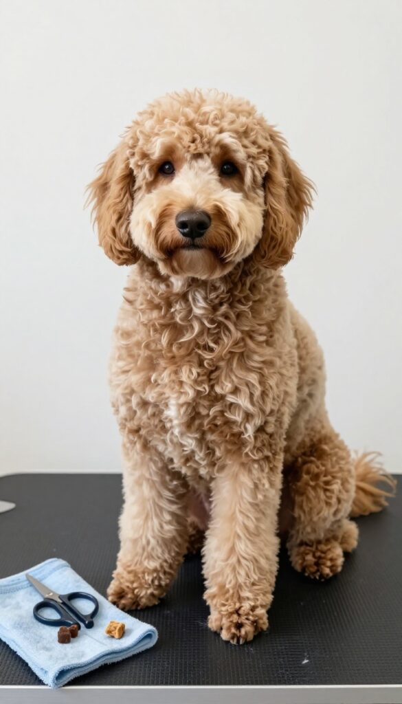 A photorealistic image of a doodle dog with an easy maintenance trim, showcasing neatly groomed paws and face in a calm home setting with grooming tools.