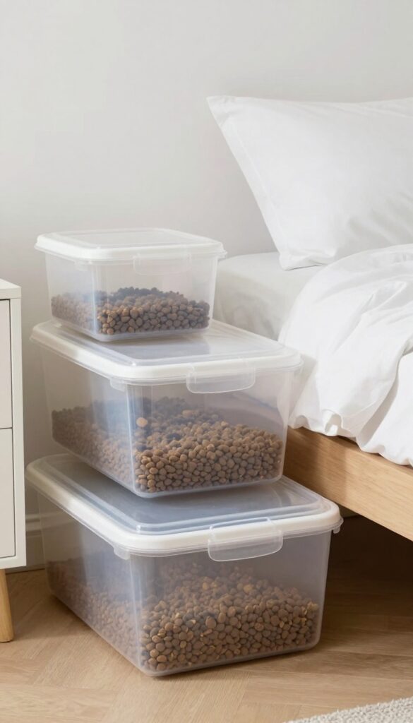 A realistic photo of under-bed storage bins filled with dog kibble in a small home bedroom, showcasing clever pet food storage without clutter.
