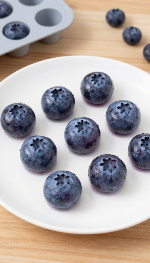 Homemade frozen yogurt blueberry drops for dogs, arranged on a white plate with a silicone mold and blueberries in the background, representing a healthy, cooling dog treat recipe.