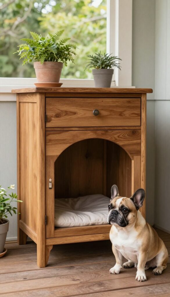 Repurposed nightstand dog house on porch with French Bulldog