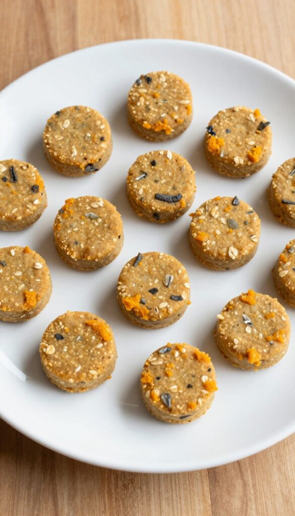 Homemade sardine pumpkin button dog treats on a plain plate, showcasing a simple, dog-safe recipe with natural ingredients.