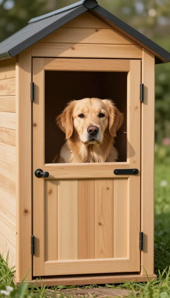 Dutch door on dog house with top half open and golden retriever peeking out