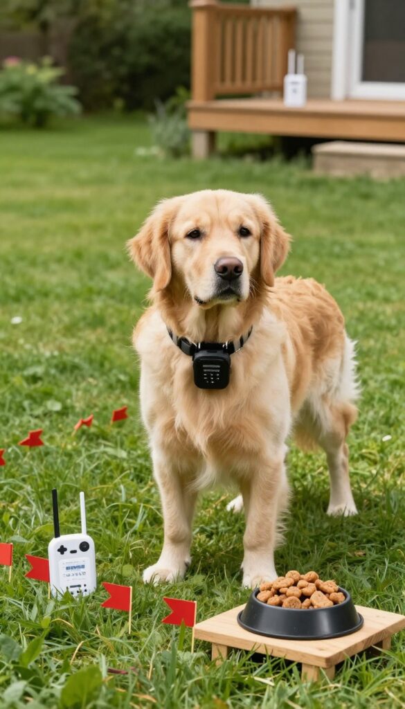 Dog wearing training collar with wireless fence transmitter and flags in backyard, homemade dog treats nearby.