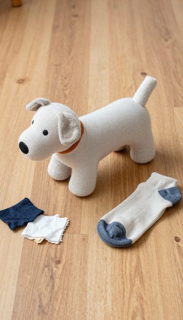 A sock dog toy and fabric scraps on a wooden floor, illustrating a budget-friendly DIY dog accessory idea.