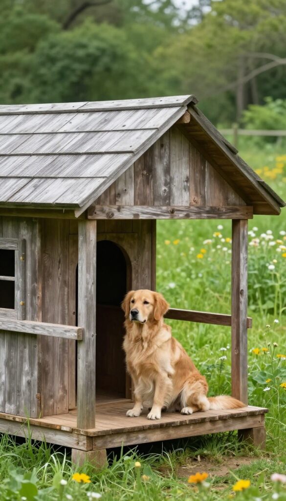 Porch-style dog house with overhang in a rustic farmhouse yard