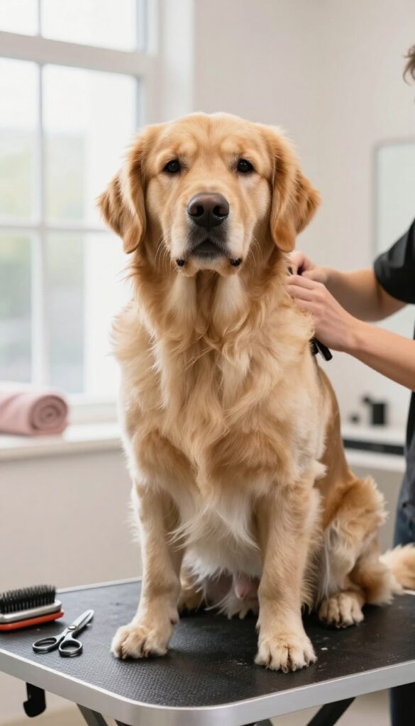 A well-groomed dog being gently brushed by a groomer in a bright salon setting, illustrating the care and skill involved in professional grooming services.