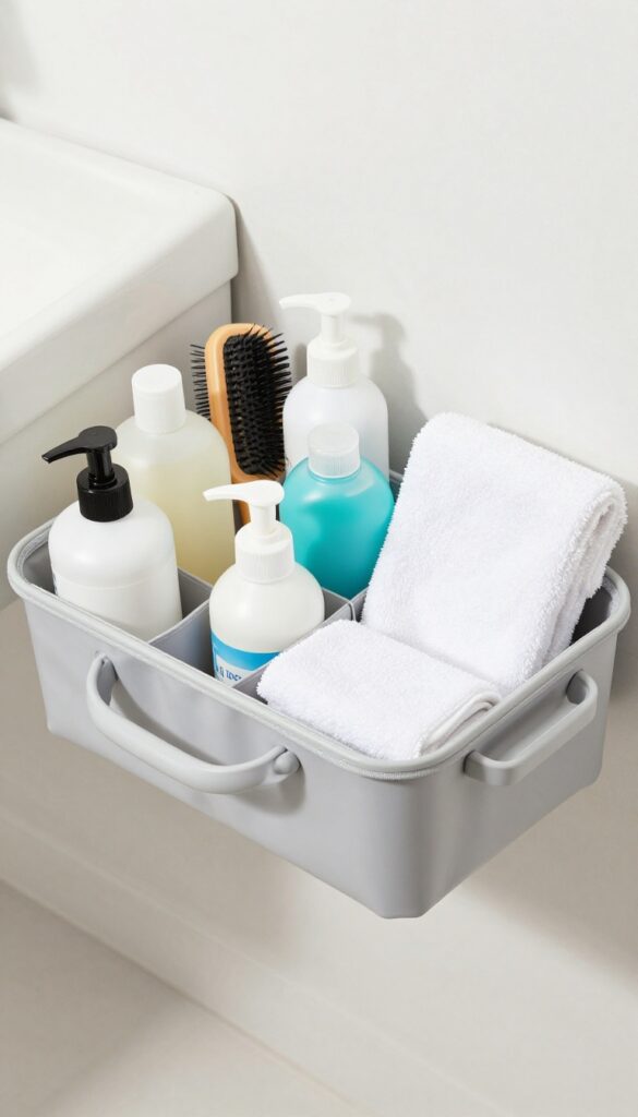 A waterproof caddy organizing dog grooming supplies like shampoos, conditioners, and brushes in a bright, clean bathroom setting.