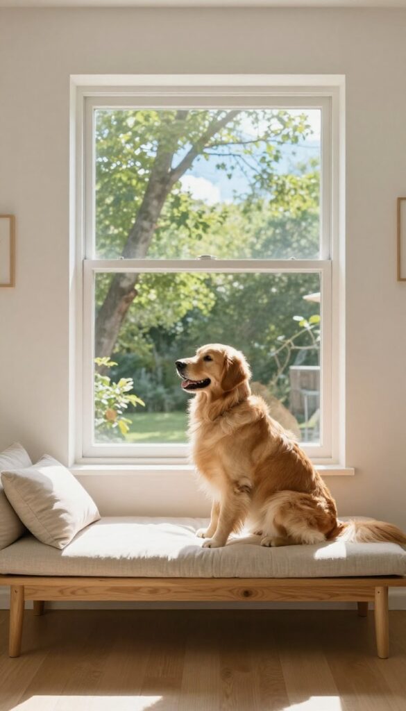 Cozy dog window perch with a golden retriever looking outside