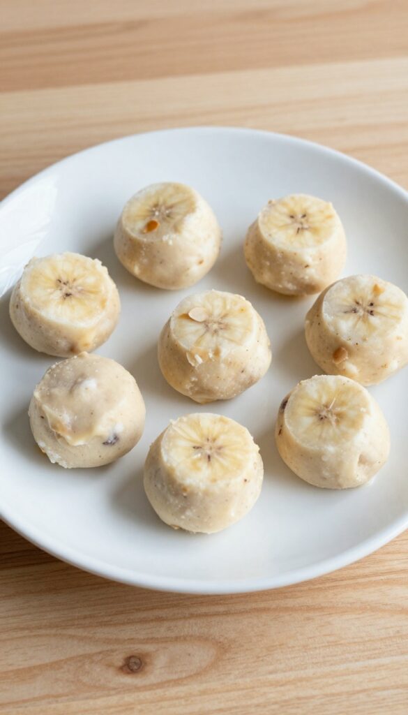 Homemade frozen yogurt banana drops for dogs, arranged on a plain plate in bright natural light, representing a cooling summer treat from a DIY dog recipe blog.