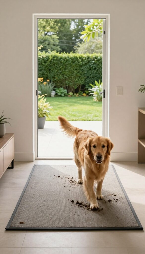 Dog using outdoor access point with dog door and mat to keep house tidy