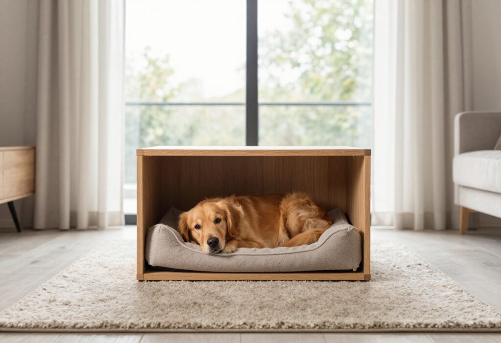 Dog-friendly living room with a stylish crate and a golden retriever on a rug