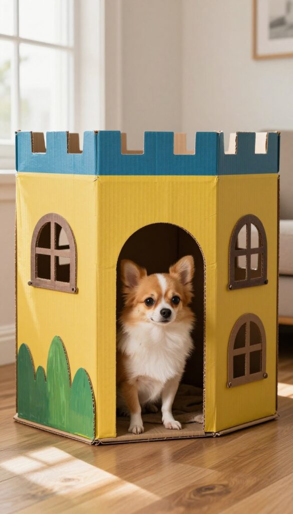 Small dog looking out from a colorful DIY cardboard castle dog house in an apartment