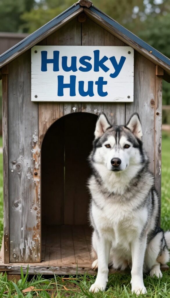 A husky sitting next to a custom dog house sign that says Husky Hut in a sunny backyard.