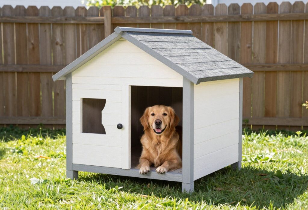 Golden retriever lying on the porch of a white wooden dog house in a sunny backyard