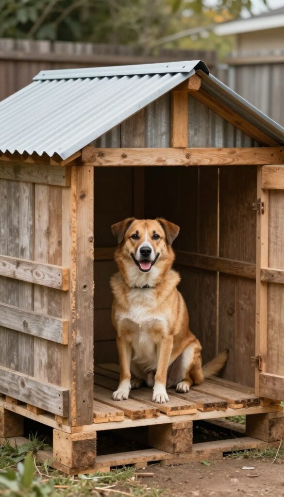 Rustic pallet wood dog kennel with corrugated metal roof in sunny side yard