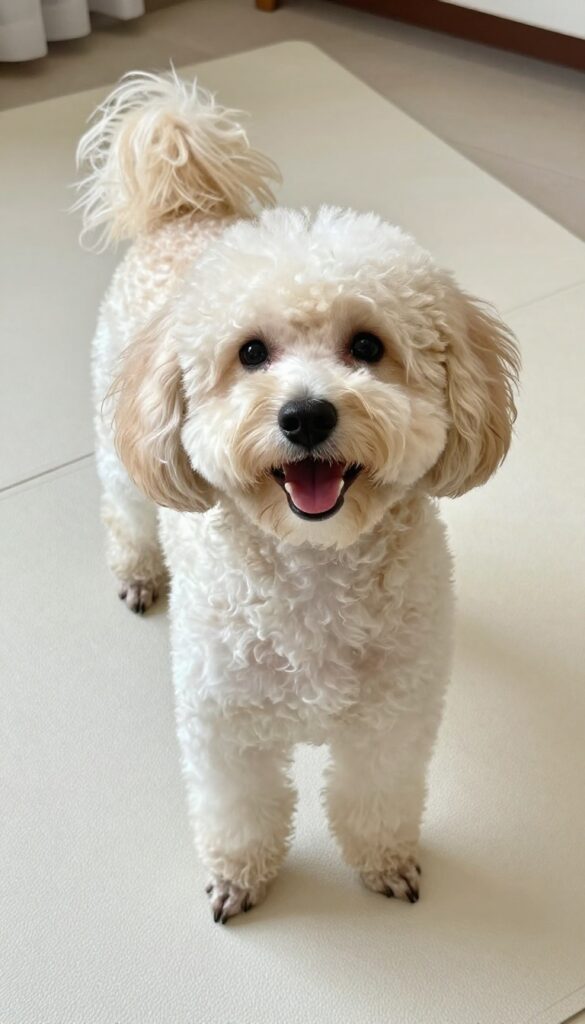 A Maltipoo dog with a mohawk fade haircut in a bright home setting, showcasing playful and edgy style with minimal grooming needs.