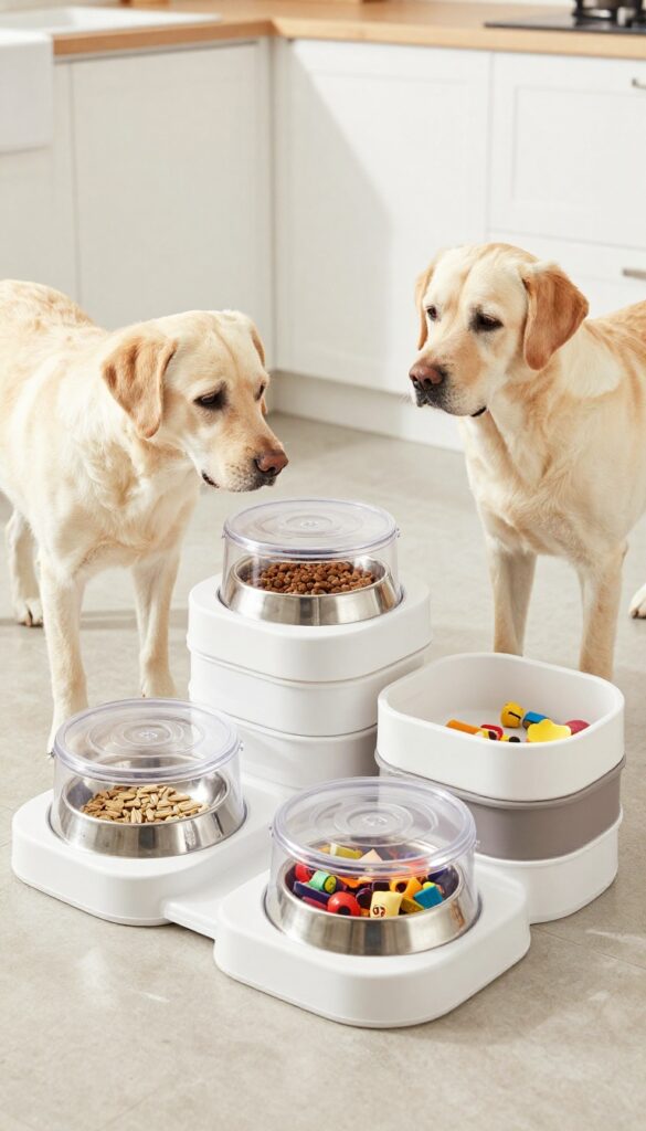 A modular dog feeder with stackable storage units holding dog supplies, set up in a bright, clean home environment with a Labrador nearby.