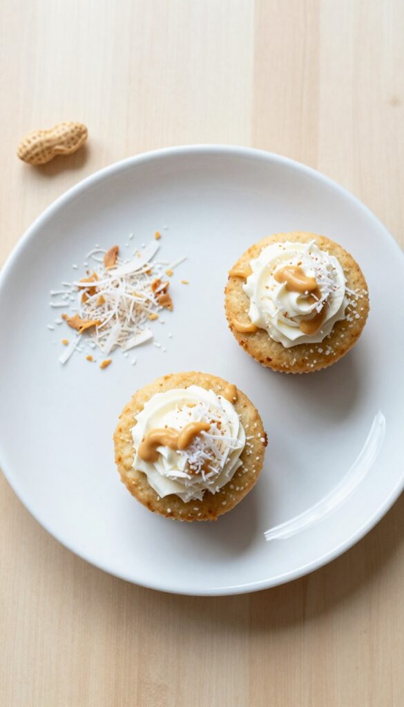 Two homemade dog pupcakes topped with coconut cream and shredded coconut on a white plate, with coconut flakes and a peanut on a wood surface.