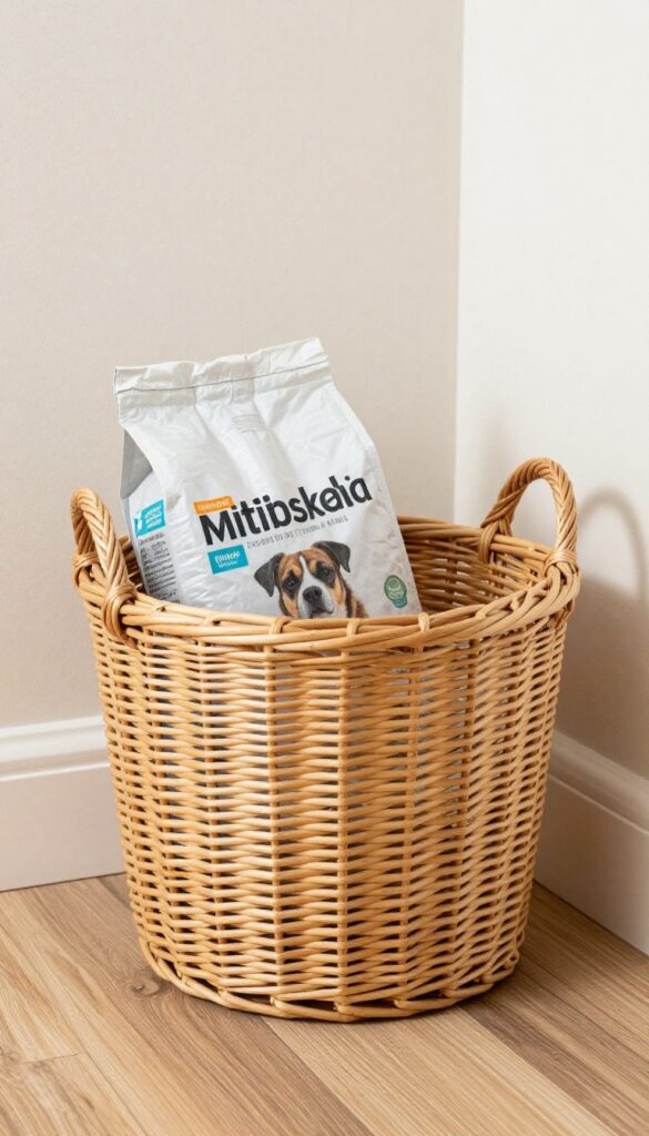 A decorative basket hiding a bulk dog food bag in a tidy mudroom setting for organized storage.