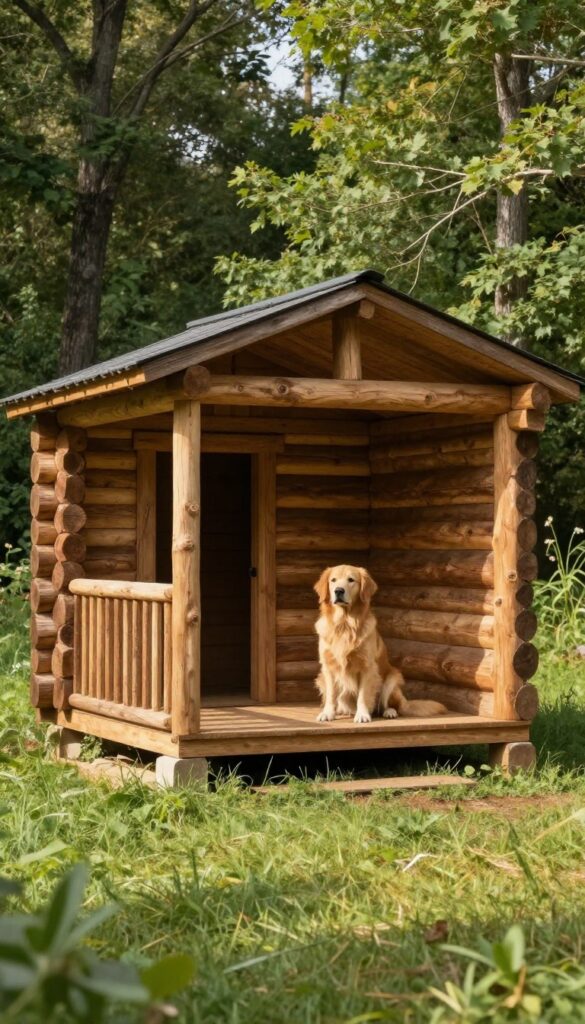 Log cabin style dog shed with a Golden Retriever on the porch in a sunny backyard