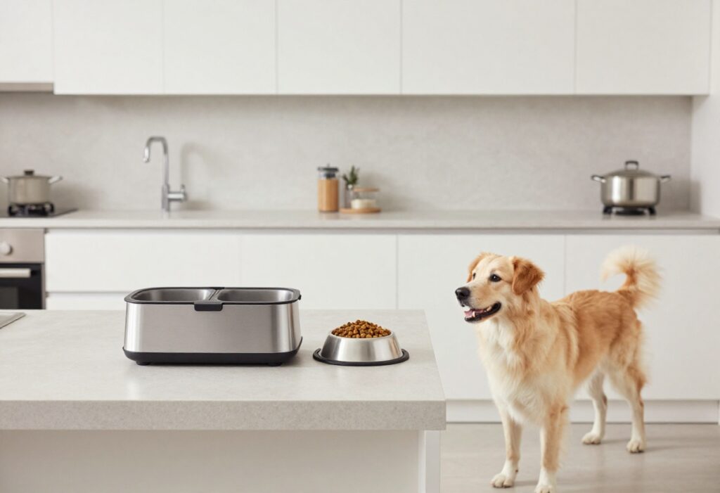 A small airtight dog food bin on a kitchen counter with a dog bowl, showcasing space-saving storage in a clean, dog-friendly home.