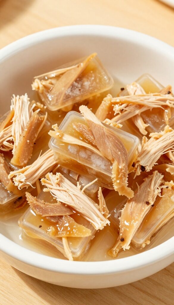 A bowl of frozen chicken broth dog treats with shredded chicken, served in ice cube molds on a wooden table, representing a homemade savory snack for dogs in hot weather.