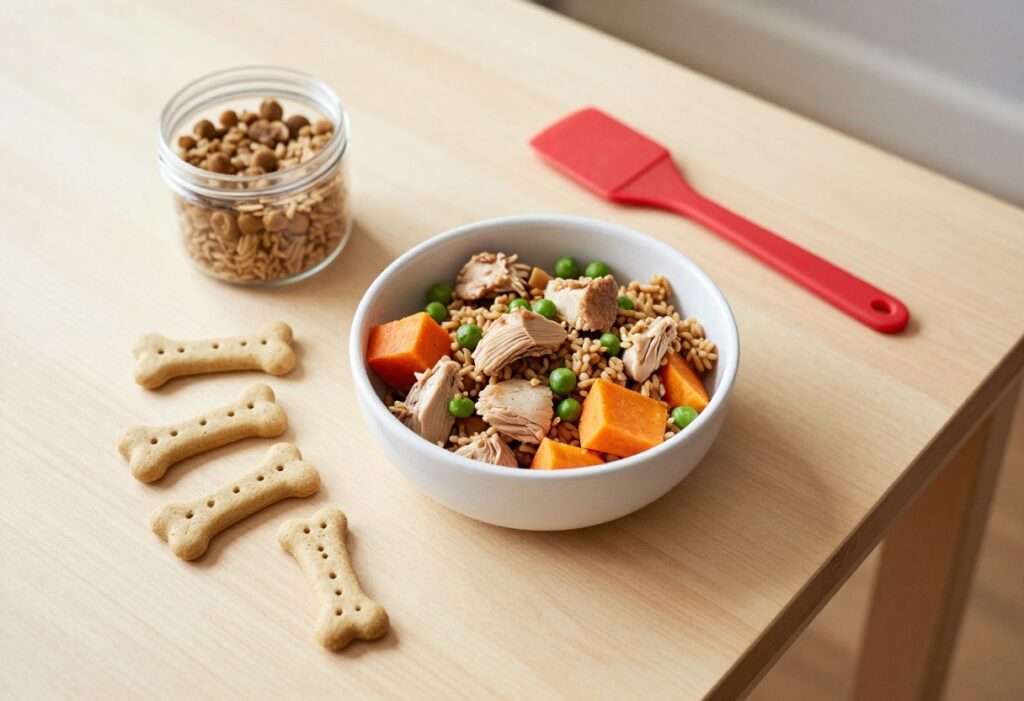Homemade dog food in a bowl with chicken, sweet potato, peas, and rice, plus dog biscuits on a wooden table.