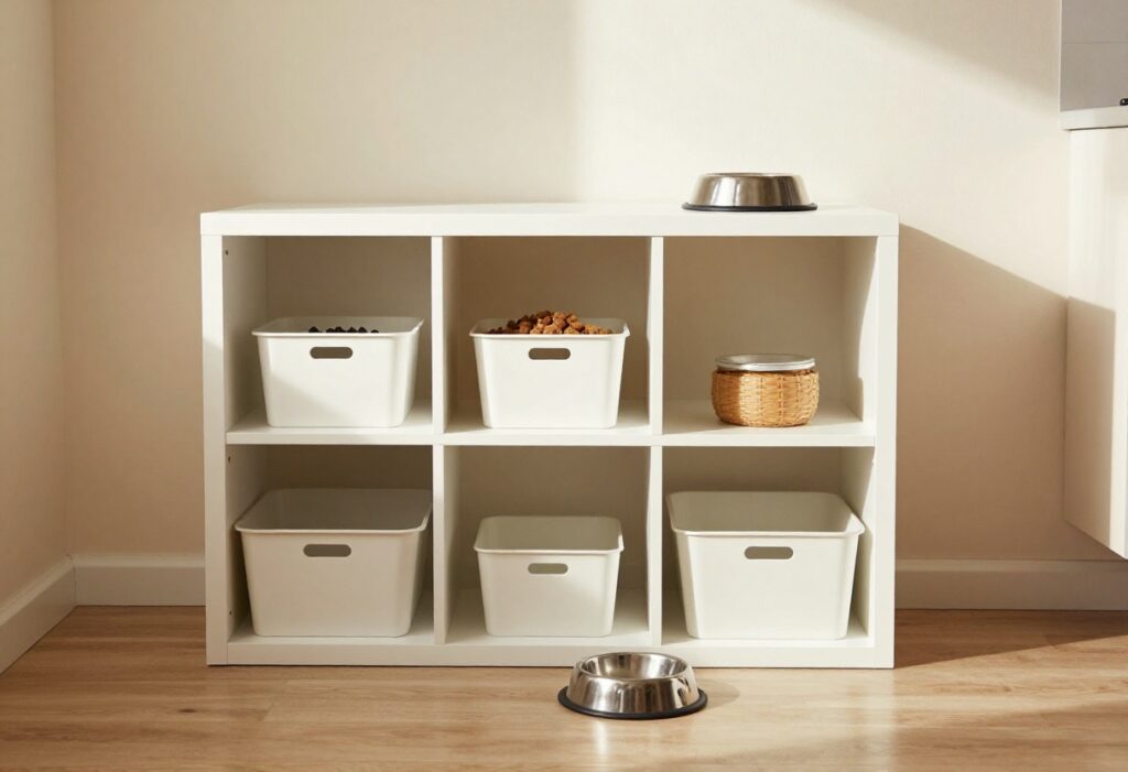 A dog food storage cabinet in a small kitchen space, featuring a sleek design with a dog bowl on the floor, illustrating organized pet storage in a compact home.