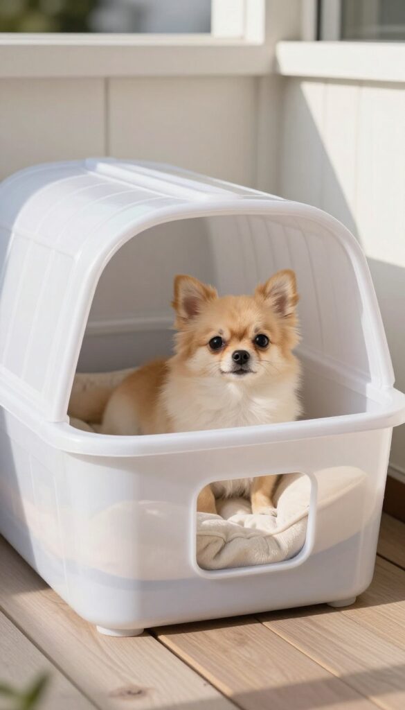 Small dog resting in a plastic storage bin dog house on a sunny balcony