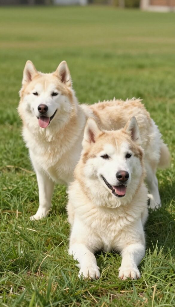 A double-coated dog with a summer shave-down grooming style resting on grass in natural light