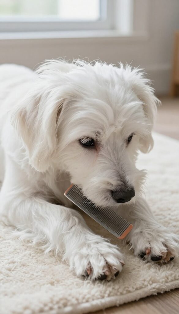 A Maltese dog being groomed with a wide-toothed comb to remove tangles and prevent mats in its silky coat.