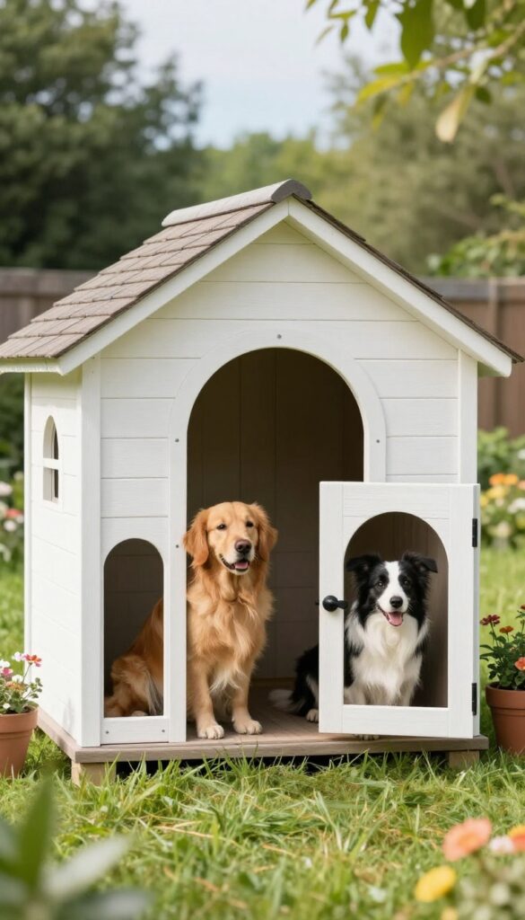 Multi-room dog house for multiple dogs with separate entrances in a sunny backyard