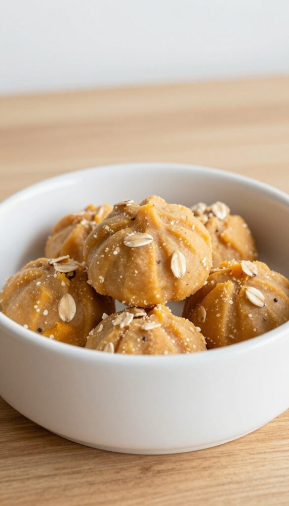 A bowl of frozen pumpkin and oat dog treats on a wooden table, showcasing a homemade snack for dogs with sensitive stomachs in a clean, natural setting.