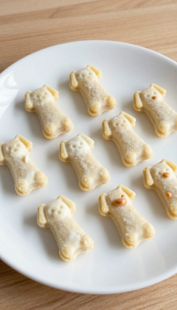 Homemade frozen dog treats, apple yogurt freezer drops, on a plain plate for a dog recipe blog.
