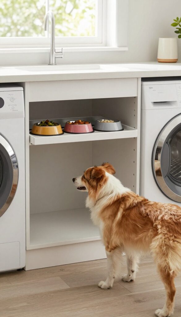 A built-in laundry room cabinet with easy-access dog bowls and food storage, designed to keep pet supplies organized and out of sight in a home setting.