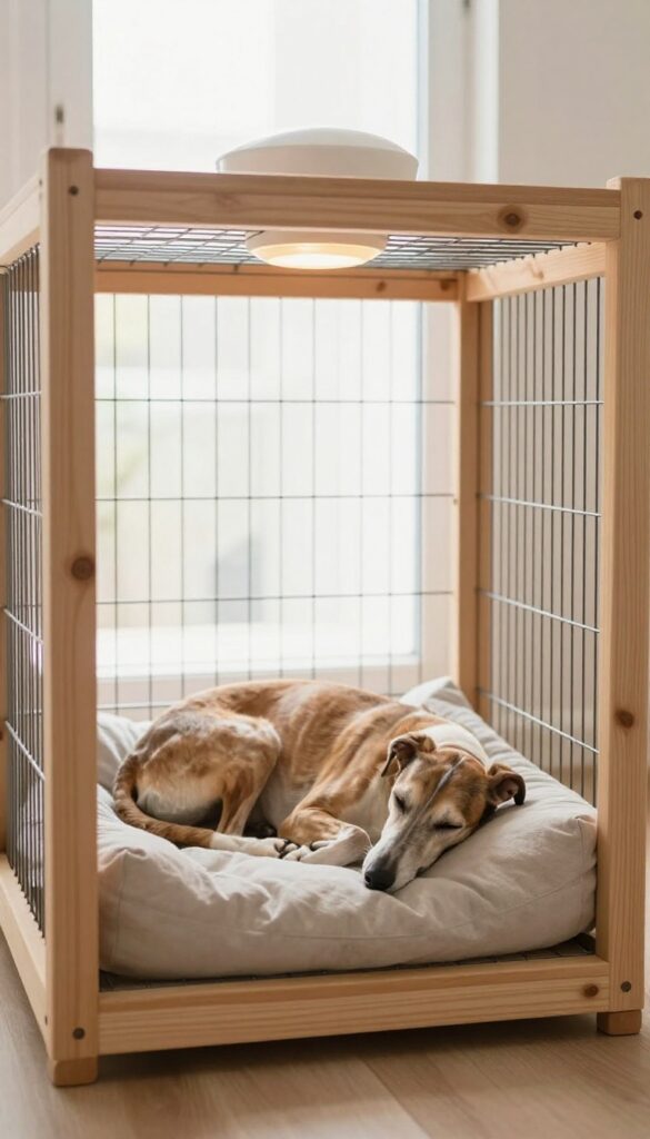 Heated dog house interior with ceramic heat emitter and sleeping dog
