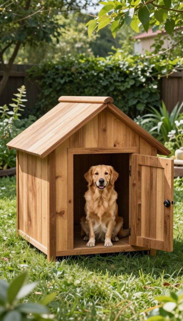 Natural wood stained dog house in a backyard with a golden retriever