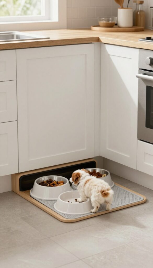 A smart dog feeding station built into a kitchen corner cabinet, showcasing space efficiency with elevated bowls and storage in bright natural light.