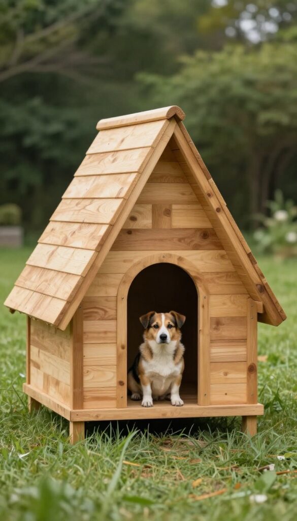 A-frame dog house with raised floor in a grassy backyard