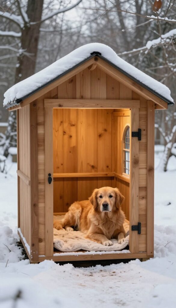 Heated dog house with a heated floor, golden retriever lying on a blanket inside, snowy winter background
