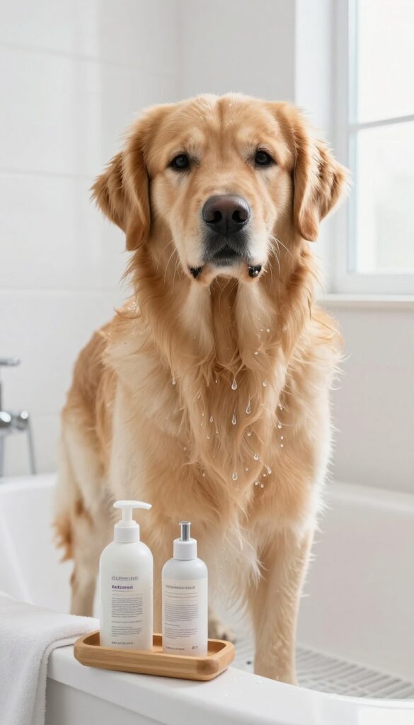 A Golden Retriever with a healthy, shiny coat after grooming in a bathroom setting with shampoo and conditioner bottles