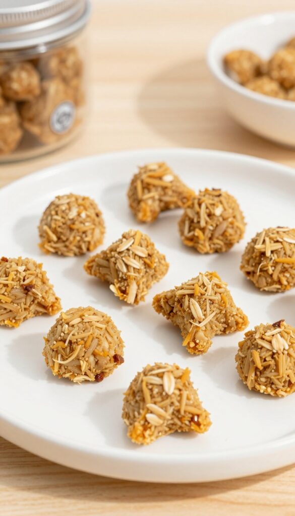 Homemade chicken and rice dog training treats, soft and savory, arranged on a plain plate for a dog recipe blog.