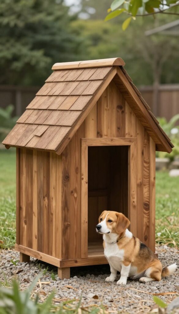 Pressure-treated pine A-frame dog house in backyard with a dog nearby