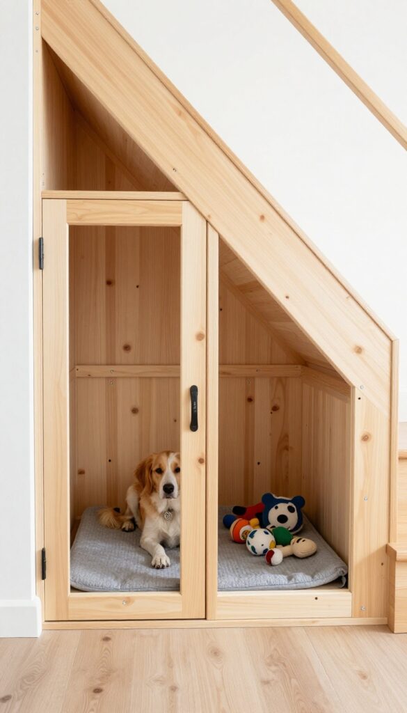 Budget-friendly DIY dog crate nook under stairs with plywood enclosure and sliding barn door
